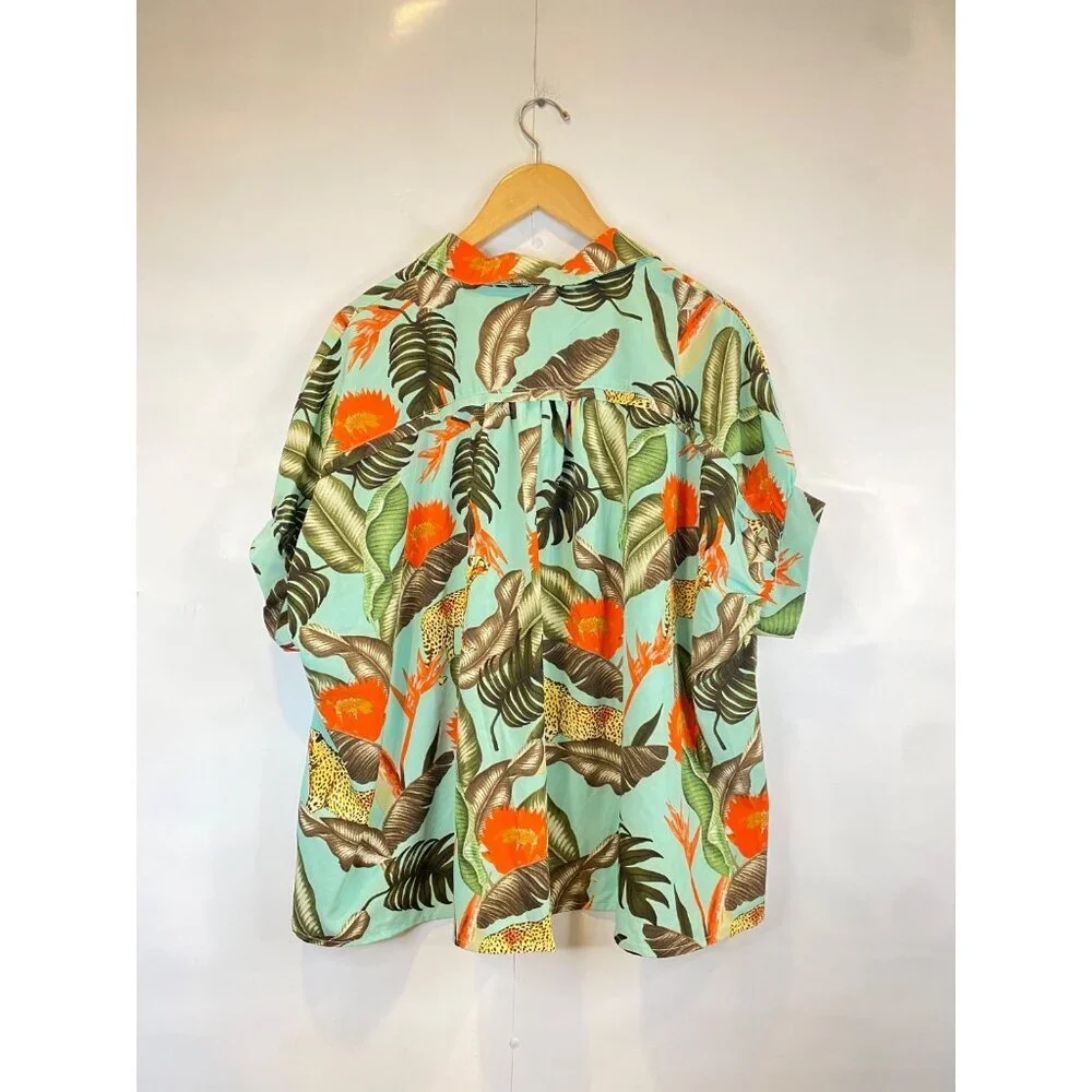 Umgee Women's Teal Mint Cheetah Palm Tropical Floral Top Blouse Size Small New - Picture 3 of 6